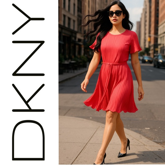 DKNY Women's Vibrant Pink PLEATED Midi Dress - Picture 1 of 7
